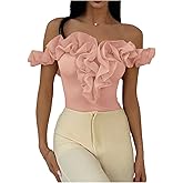 OYOANGLE Women's Off Shoulder Mesh Ruffle Trim Bodysuit Party Thong Body Suit Tops