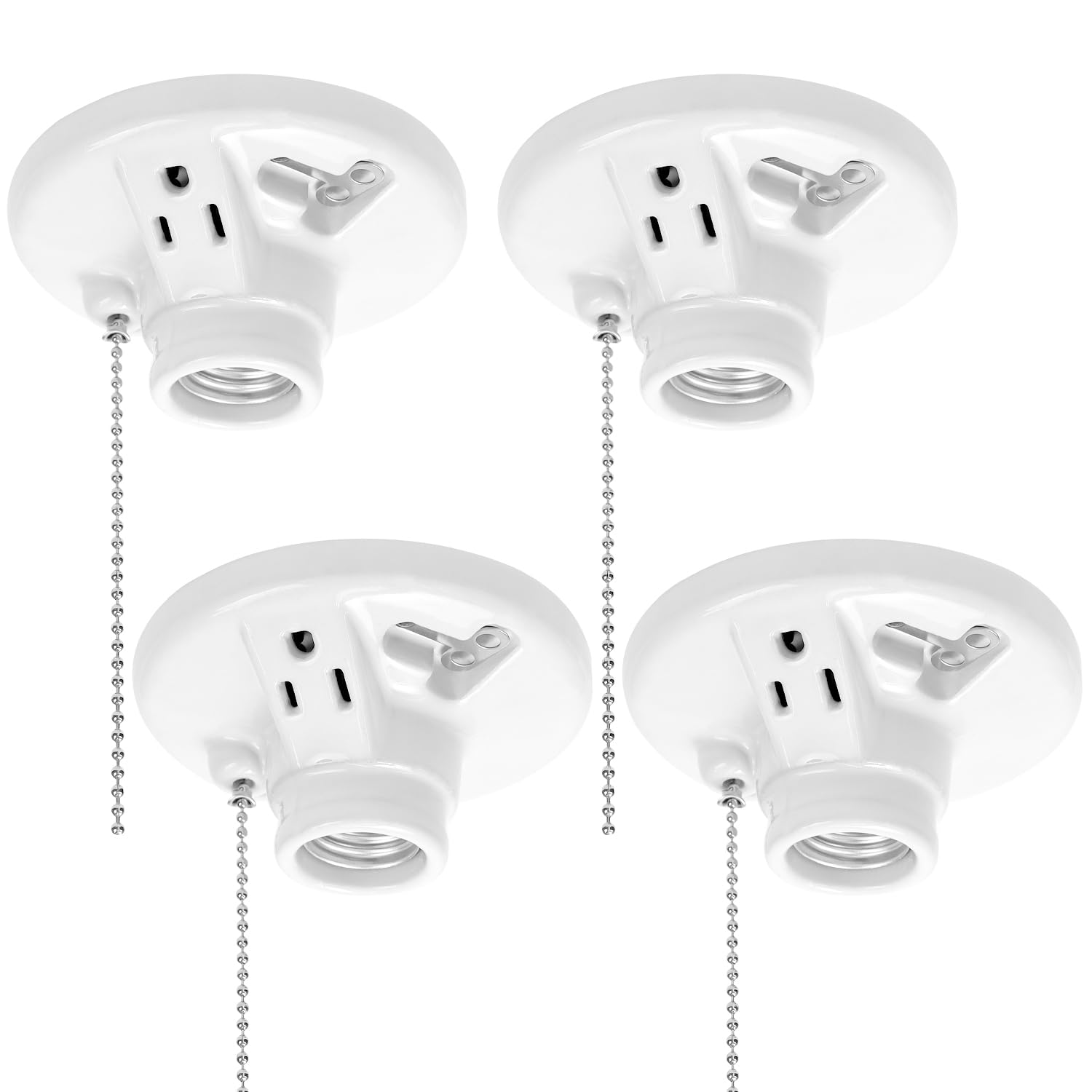 Photo 1 of QWORK Light Socket with Grounded Outlet, 4 Pack Porcelain Pull Chain Light Fixture, E26/E27 Base, 3 Prong Outlet, for Basement, Garage, Closet, Attic, Indoor Use