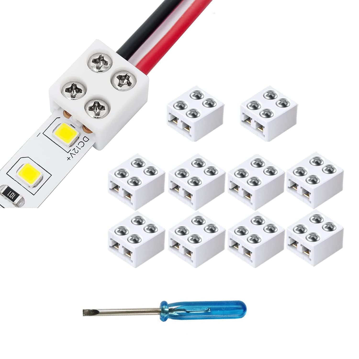 YUTOKEER 10 Pack of 2 Pin 10 mm Solderless LED Strip Light Plug Screw Terminal Blocks Plug for Strip Lights Tape to Wire for 5 V 12 V 24 V, Includes Screwdriver