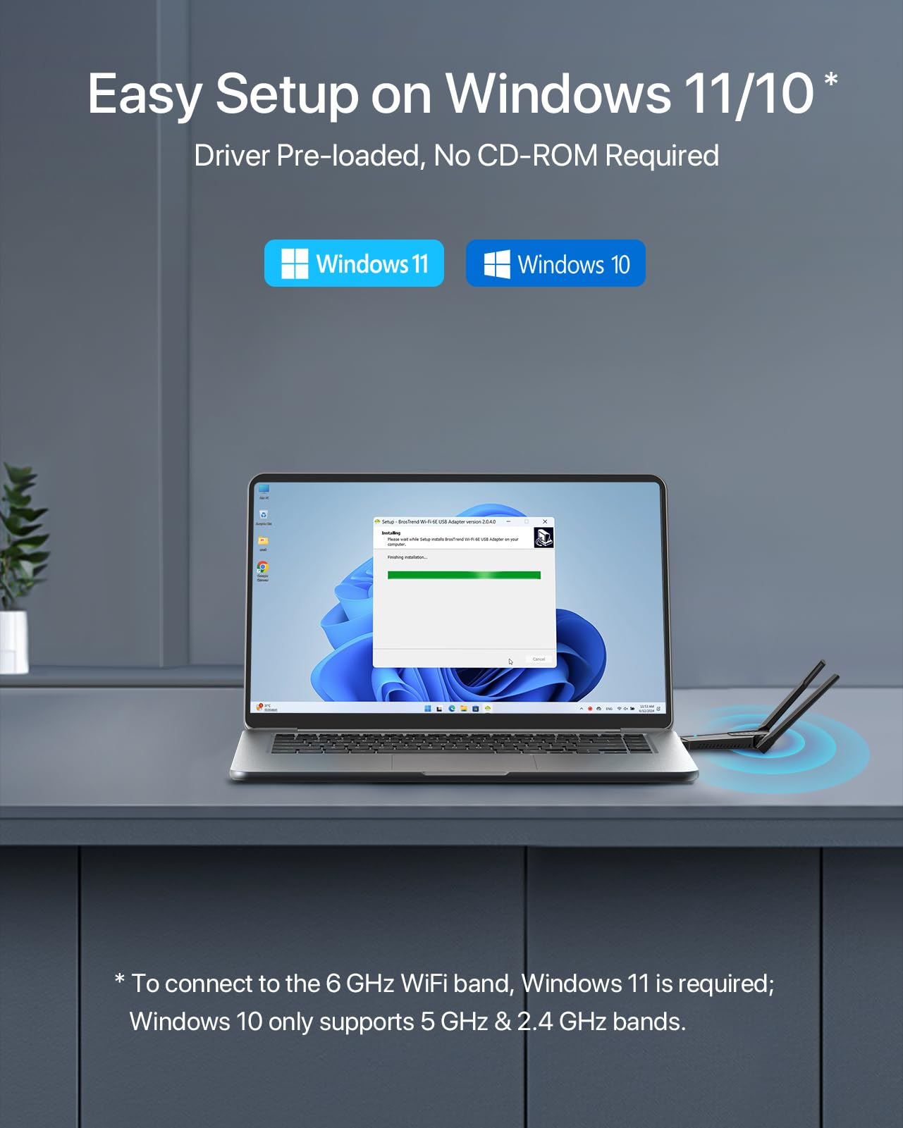 BrosTrend AXE5400 WiFi 6E USB WLAN Stick für PC, WLAN Adapter PC Hohe Reichweite, Tri-Band 6GHz / 5GHz / 2,4GHz High Gain Antenne Wi-Fi Empfänger, WPA3, MU-MIMO, OFDMA, USB3.0, NUR für Windows 11/10 6