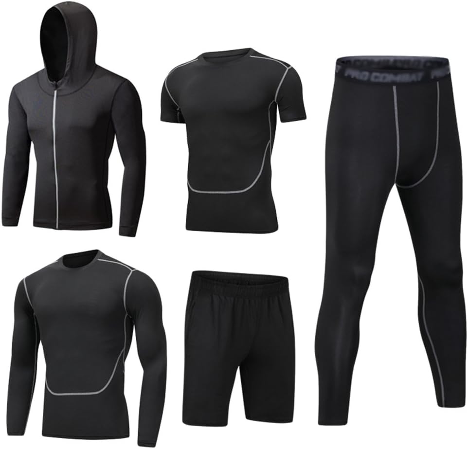 Mens 5pcs Sports Gym Fitness Clothing Set Hoodies Jackets+Long Sleeve+Short Sleeve Base Layers T Shirts+Loose Fitting Shorts+Compression Pants for Workout Training Running Tracksuits