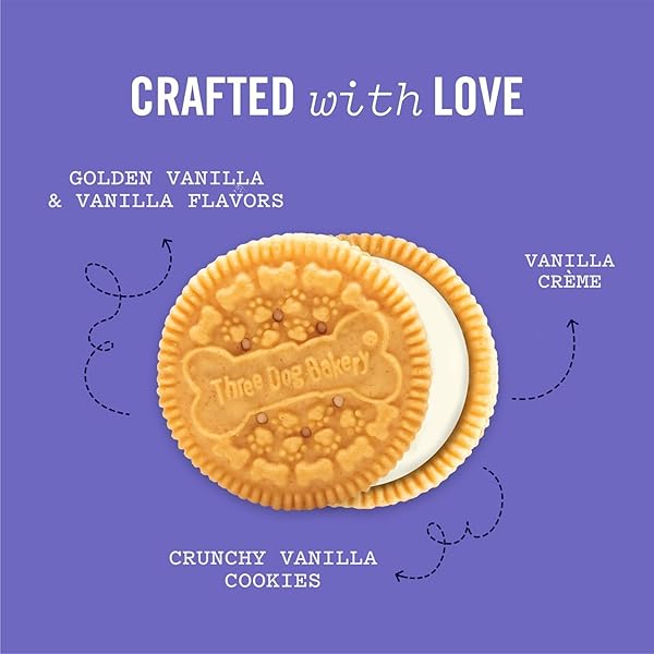 THREE DOG BAKERY LICK’N CRUNCH! GOLDEN & VANILLA SANDWICH COOKIES, DOG TREAT, PUPPY COOKIES WITH REAL INGREDIENTS, DOG BIRTHDAY TREAT, TRAINING REWARD