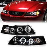 ACANII - For 1999-2004 Ford Mustang LED Halo Ring Black Housing Projector Headlights Headlamps, Driver &amp; Passenger Side