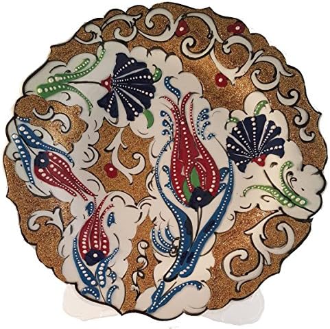 Bead Global Vintage Turkish Semazen Tulip Design Hand Crafted Tile Plate with Stand In Gift Box- Handmade Decorative Colourful Ceramic Plate (Golden Blue)