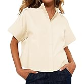 Cicy Bell Womens Cropped Short Sleeve Button Down Shirts Pleated Summer Dressy Casual Blouse Stand Collar Loose Fit Tops