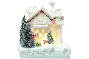 IKASUS Christmas Village House Decoration,Light Up Resin Christmas House,Resin Christmas Scene Village Houses Town with Warm White LED Light Battery Operated Christmas Collectible Building Christmas Ornament