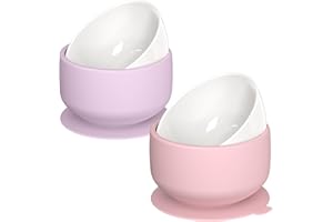 KingKam Baby Porcelain Bowls with Silicone Suction Sleeve | Non-Toxic Baby Bowls | Microwave & Dishwasher Safe | Toddlers Kids Babies Feeding Bowls for Cereal, Soup, Snacks | 2-Pack - Pink/Purple