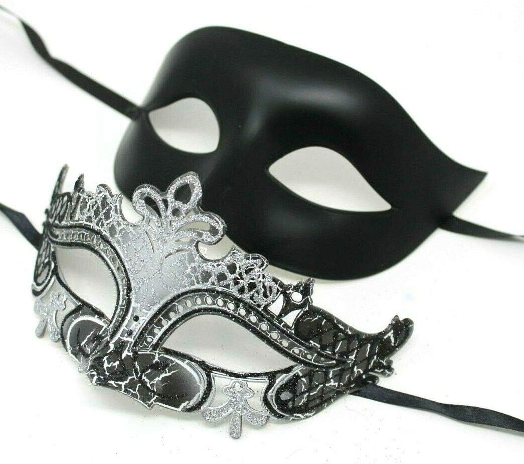 HIS N HERS PAIR OF CO-ORDINATED SILVER & BLACK COUPLES VENETIAN MASQUERADE CARNIVAL PARTY BALL EYE MASKS, Silver Black, 8cm deep