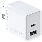 Scosche HPDCA32WT-SP PowerVolt 32W Certified USB Type-C + USB Type-A Fast Wall Charger Power Delivery 3.0 for All USB-C and USB-A Devices, White