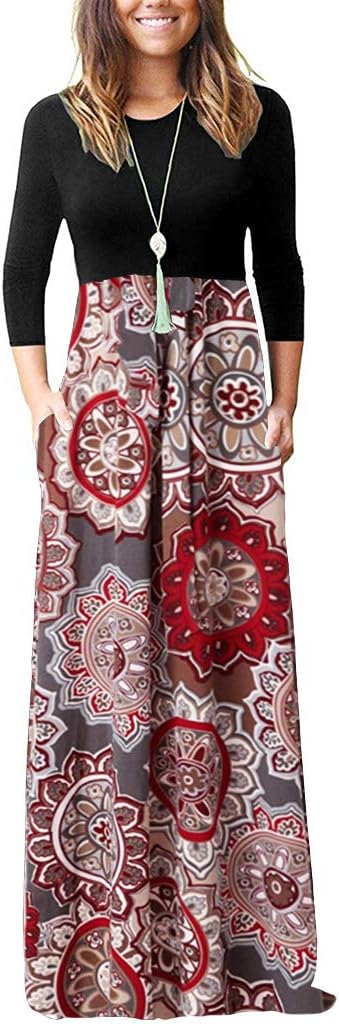 Women's Casual 3/4 Sleeve Floral Print Long Maxi Dresses with Pockets
