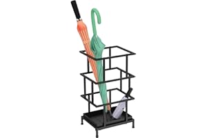 Alyoen Umbrella Holder for Entryway, Metal Umbrella Stand with Water Tray and Cane Holder, Adjustable Feet, 10.4 x 8.4 x 18.7 in, Suitable for Home, Office, and Shopping Mall (Black)
