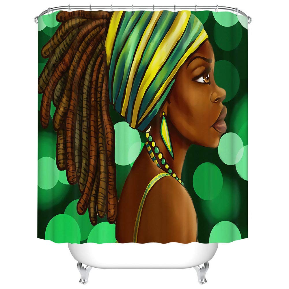 Fangkun Custom Bathroom Shower Curtain Decor Set - African Woman Design - Waterproof Polyester Fabric Bath Curtains - 12 pcs Shower Hooks - Green - 72 x 72 inches