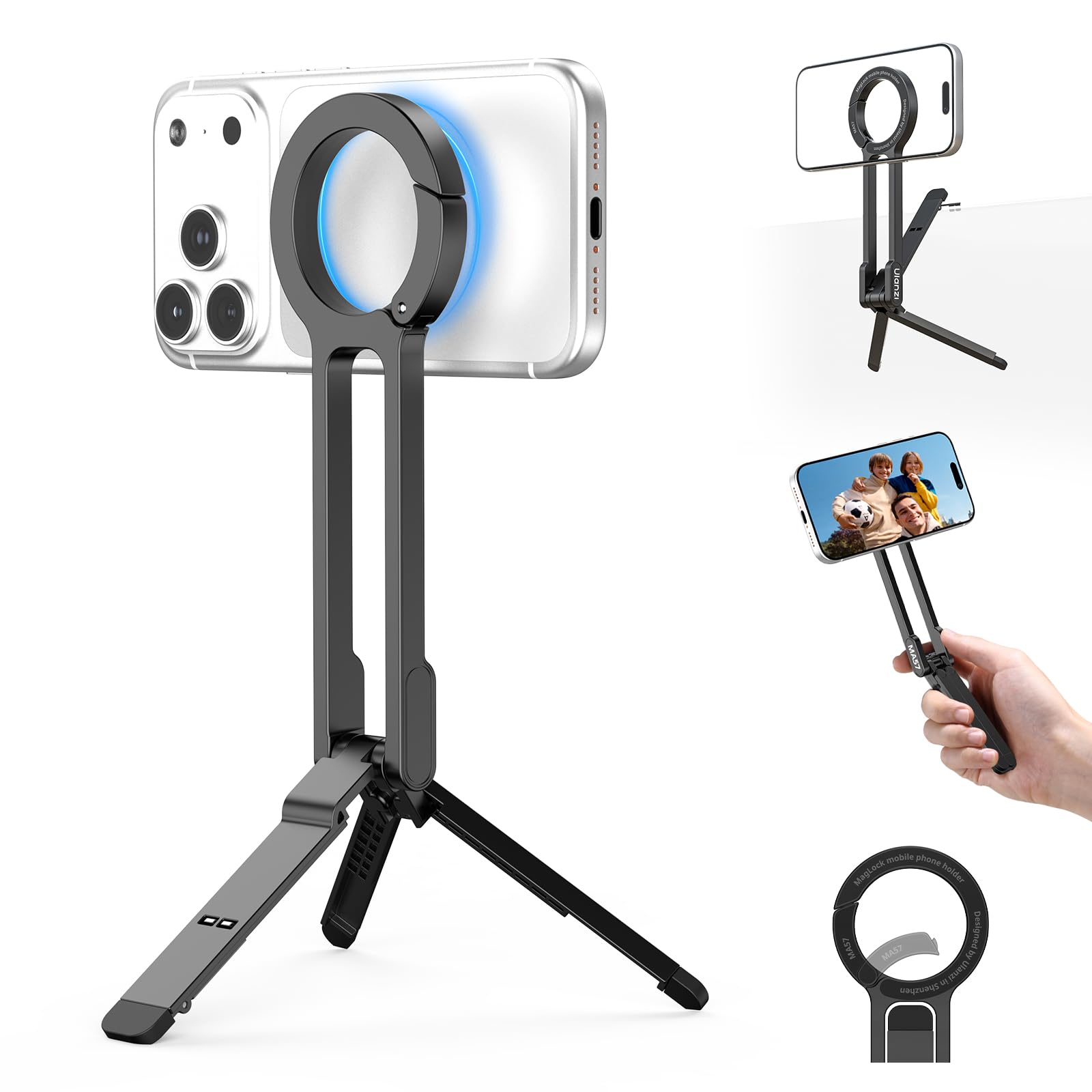 ULANZI MA57 Magnetic Phone Tripod for iPhone - Portable Mini Tripod for MagSafe Pocket Cell Phone Stand, Strong Magnet Quick Mount Foldable Hook Compatible with iPhone 17 16 15 14 13 12 Series, Black