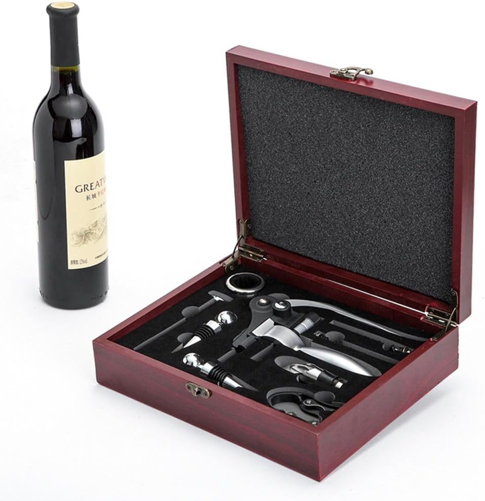 HOPU Wine Opener Kit,Stainless Steel Red Wine Beer Bottle Opener Wing Corkscrew aerator Thermometer Stopper and Accessories Set with Dark Cherry Wood Case Pack of 9 Piece