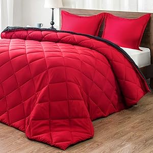 downluxe Lightweight Solid Comforter Set (Queen) with 2 Pillow Shams - 3-Piece Set - Red and Black - Down Alternative Reversible Comforter