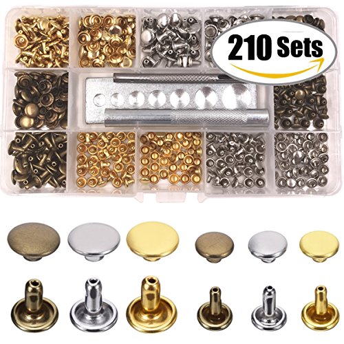 Seloky 210 Set 2 Sizes Leather Rivets Double Cap Rivet Tubular Metal Studs with 3 Fixing Tool Kit for Leather Craft Repairing Decoration,2 Sizes and 3 Colors (Gold, Silver and Bronze)