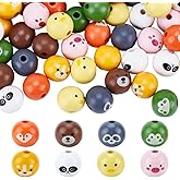 PH PandaHall 80PCS Animal Printed Wood Beads, 8 Style 19mm Wooden Farmhouse Animals Beads with Dog Pig Fox Bear Frog Pattern Round Wood Bead for DIY Jewelry Making Christmas Decorations 5mm Hole