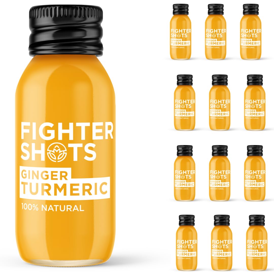 Fighter Shots Ginger Turmeric Shots (12x60ml) | Reduces Bloating | Boosts Immunity | 100% Natural | Perfect Morning/Post Workout Pick Me Up | No Preservatives | Fresh and Fiery Turmeric Shots
