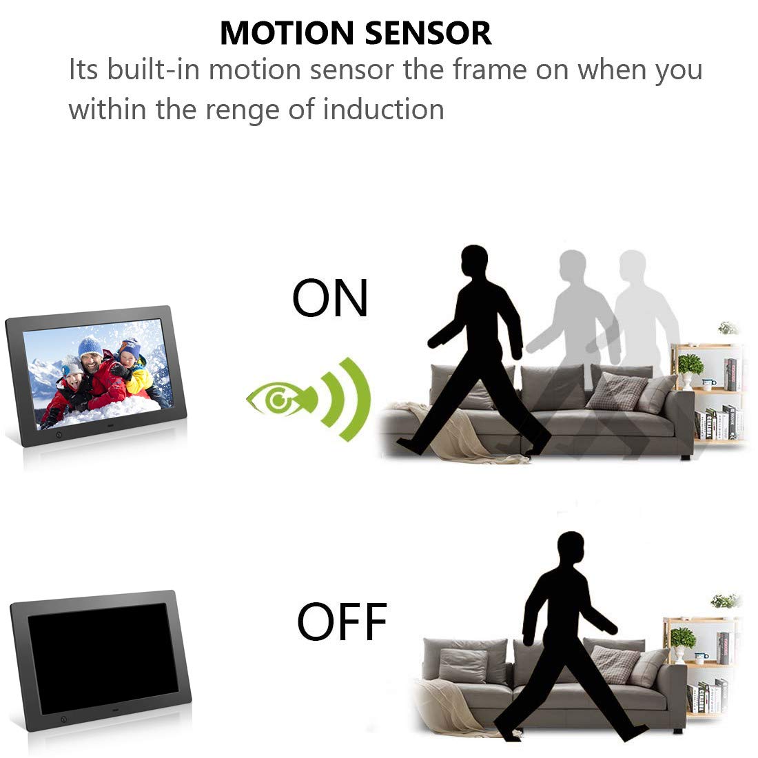 Digital Picture Frame 10.1 in, Digital Photo Frame Video Player with Motion Sensor Smart Electronics Picture Frame High Resolution 1024x768 IPS LCD/1080P 720P /Stereo/MP3/Calendar/Time/Remote Control