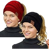 Rosoz 2 Pack Ponytail Beanie for Women,Winter Warm Beanie Tail Soft Stretch Cable Knit Messy High Bun Hat