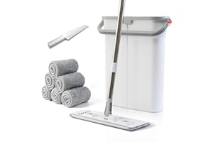ZJSYJJ Mop and Bucket Set with Wringer Flat Mop Bucket System for Home Floor Cleaning,6 Reusable Microfiber Pads,Extended Stainless Steel Handle,Ideal for Hardwood,Wood,Laminate Floors,and Bathroom Mop
