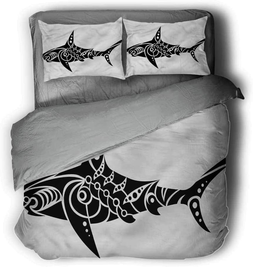 Queen Duvet Cover,Tribal Shark Tattoo Design Artwork,100% Polyester Bedding, 1 Quilt Cover and 2 Pillowcases, Zip Closure 89x89 inch