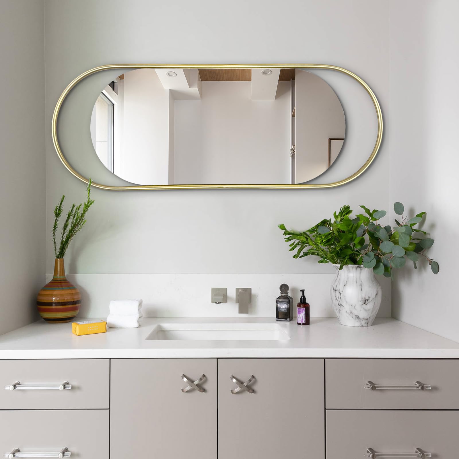 View 1 of *USED*
womilous Gold Oval Mirror, 40"x15" Oblong Wall Mirror Decorative, Modern Bathroom Mirrors for Over Sink, Unique Shaped Mirros for Vanity Living Room Bedroom Entryway Fireplace