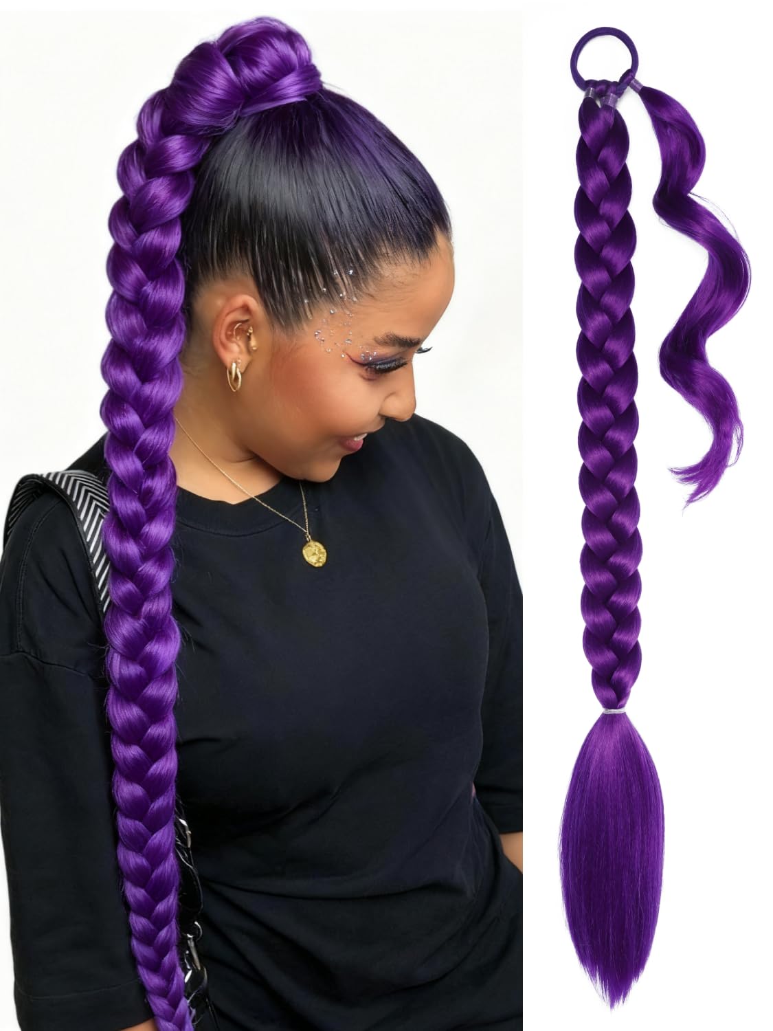 Photo 1 of TASHEEMA Purple Braided Ponytail Extension with Hair Tie, Fake Braid Hair Extensions Women, Extra Long Straight 1 Pack 32 inch