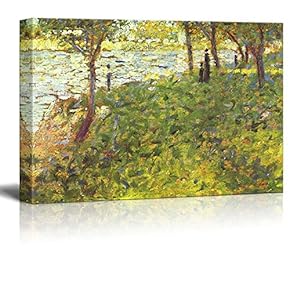Landscape and Characters by The River by Georges Seurat - Canvas Print Wall Art Famous Painting Reproduction - 12" x 18"