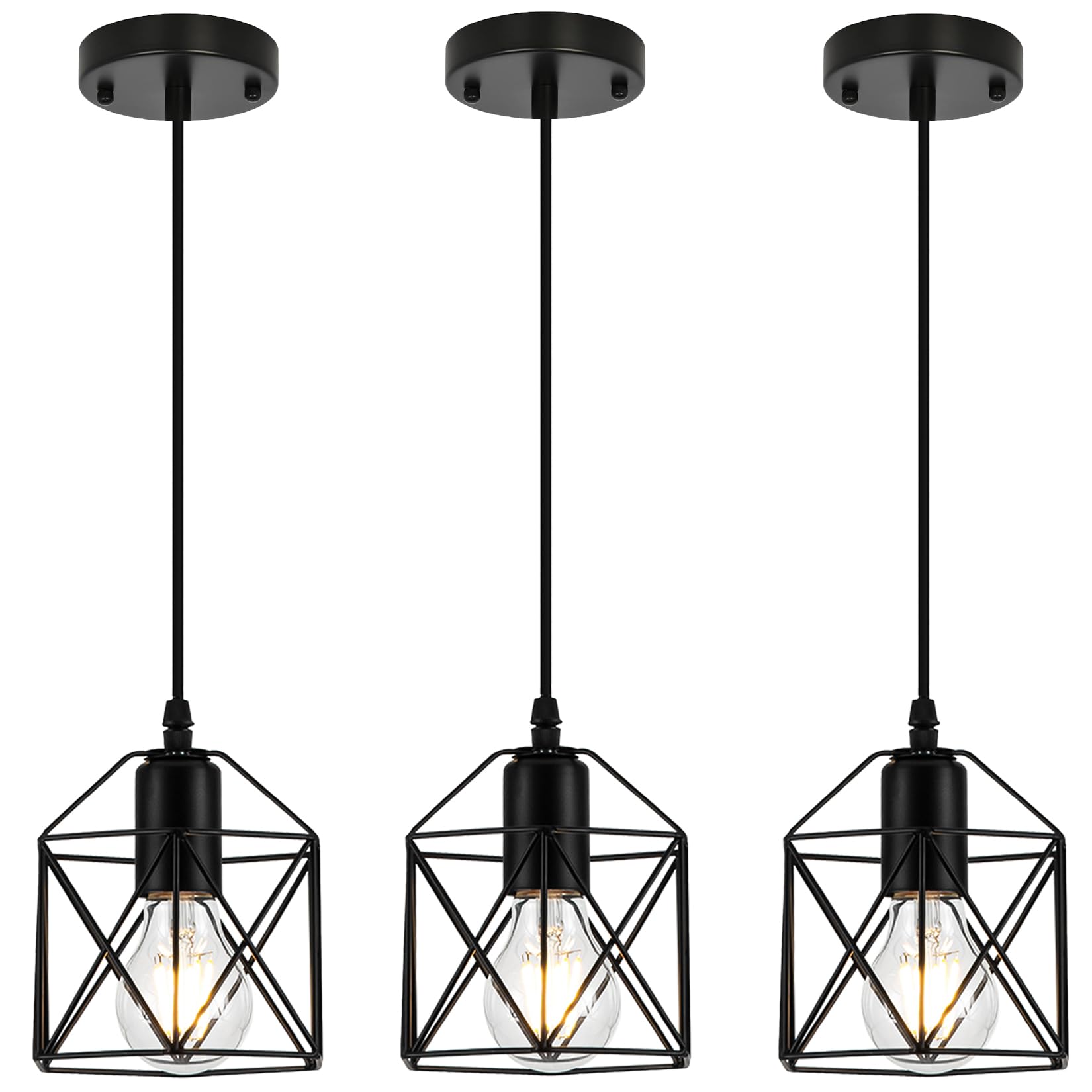 Photo 1 of 1-Light Hanging Pendant Light Fixture, Black Pendant Lights Kitchen Island, Farmhouse Pendant Lighting with Bedroom Dining Room, E26 Base, Bulbs Not Included, 3 Packs