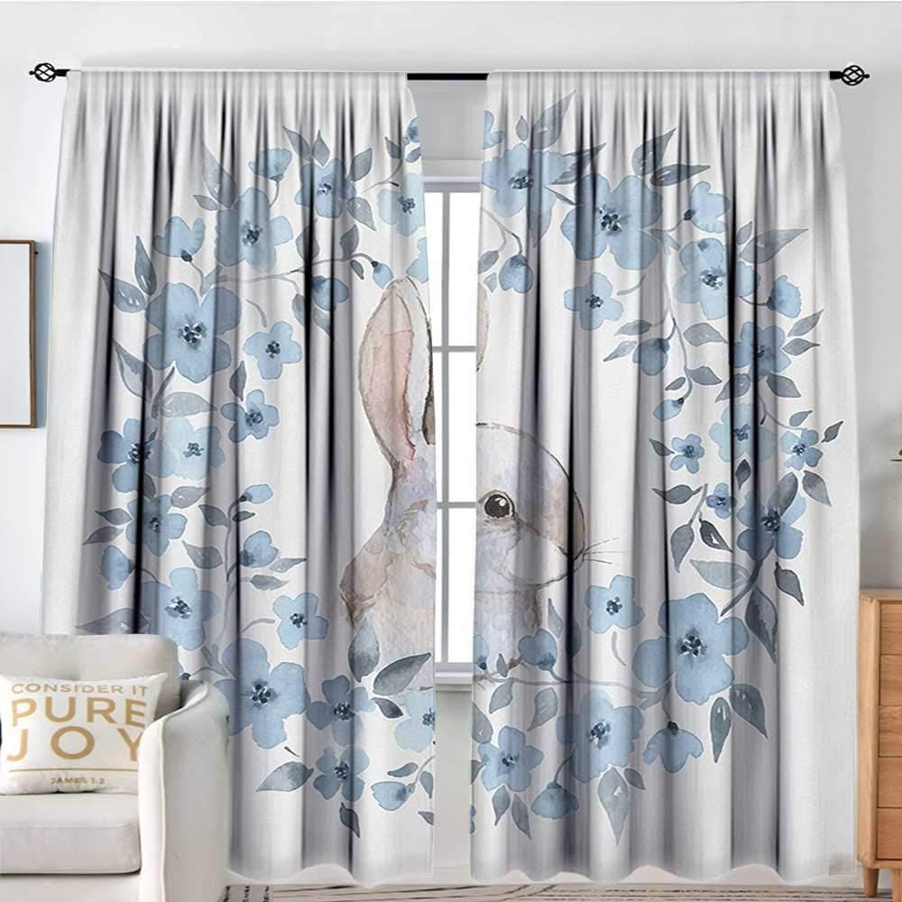NUOMANAN Blackout Curtains 2 Panels Watercolor Flower,Bunny Rabbit Portrait in Floral Wreath Illustration Country Style,Blue Grey White,Rod Pocket Curtain Panels for Bedroom & Kitchen 100"x96"