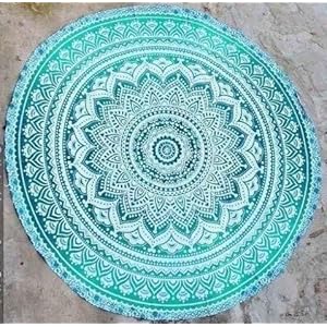 Handmadeo Artize Round Beach Tapestry Hippie/Boho Mandala Beach Blanket/Indian Cotton Throw Bohemian Round Table Cloth Mandala Decor/Yoga Mat Meditation Picnic Rugs Circle (Sea Green, Round 70″)