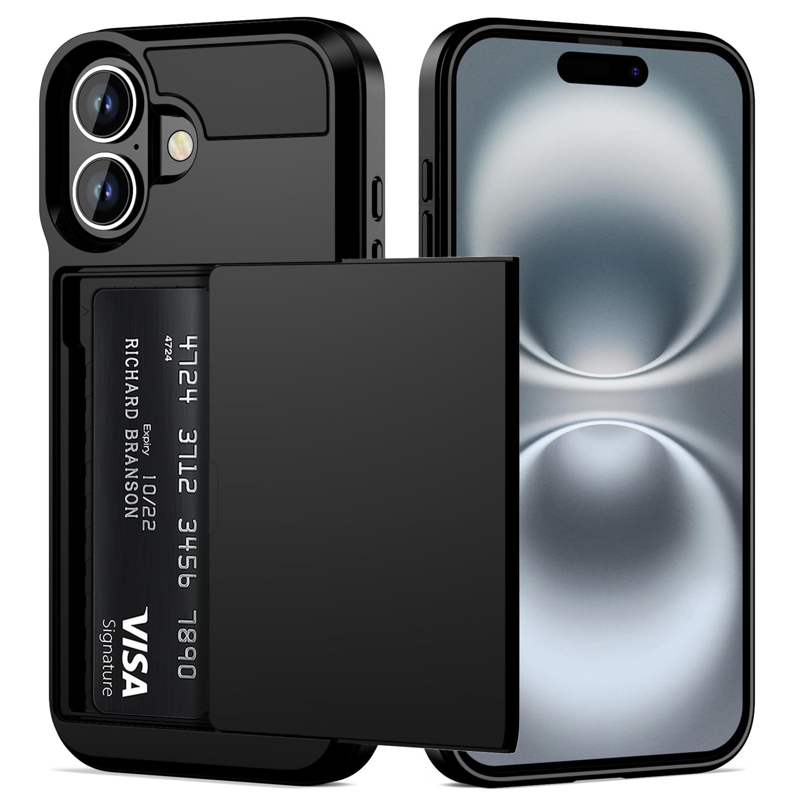 Photo 1 of Vofolen for iPhone 16 Case with Card Holder Dual Layer Heavy Duty Shockproof Hidden Sliding Card Slot Slim Wallet Phone Case for iPhone 16 for Women Men, 6.1 Inch Black