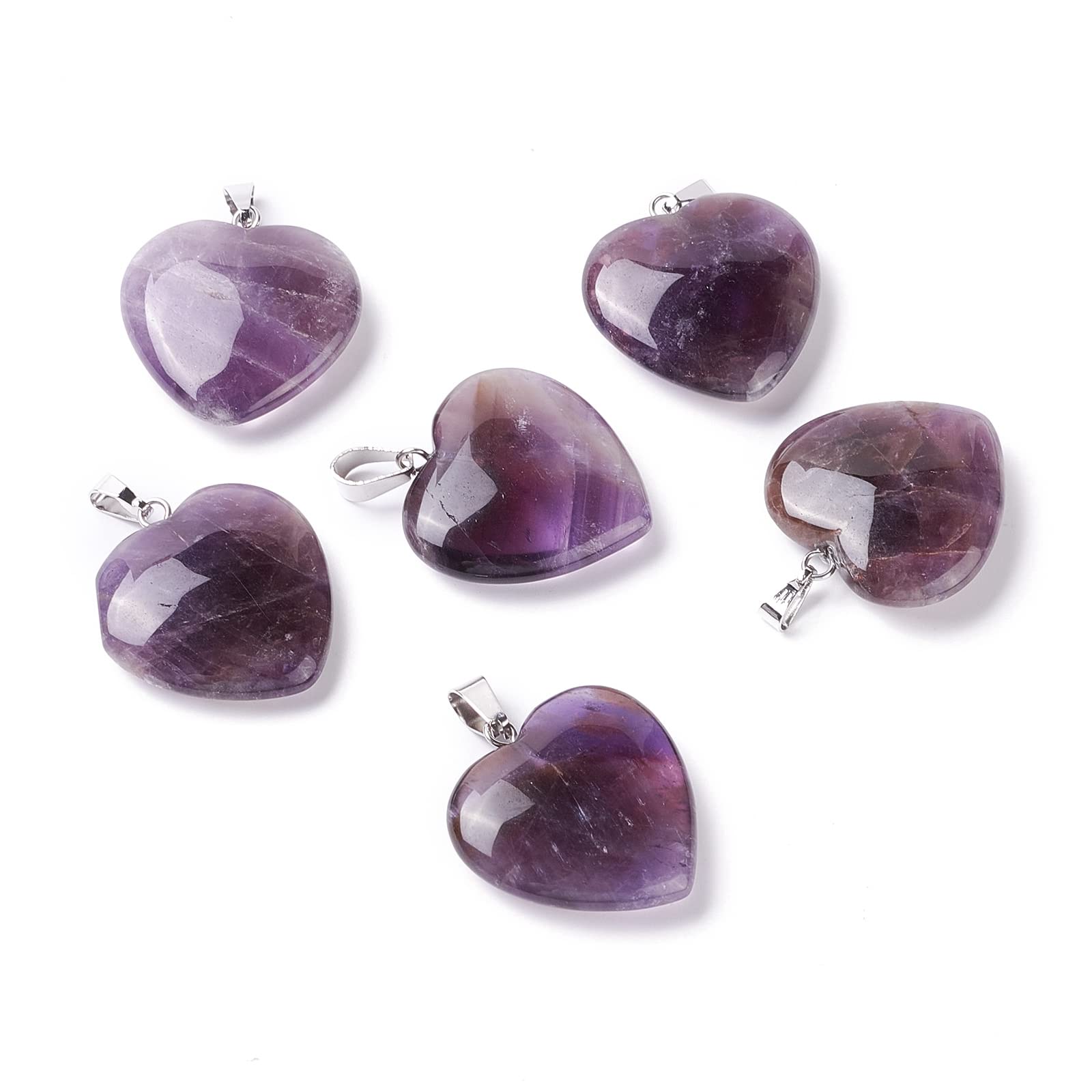 Craftdady 10Pcs Natural Gemstone Heart Shaped Pendants Crystal Quartz Pendants With Platinum Metal Hoop For DIY Necklace Jewelry Making,Amethyst