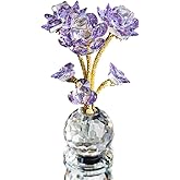 QFkris Purple Crystal Rose Flower Figurine Collectible Statue 6" Glass Flowers with Stems Ornament Home Decor for Valentines Day Thanksgiving,Christmas,Wedding,Mothers Day,Centerpiece,Gift for Women