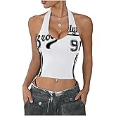Milumia Women Graphic Jersey Shirts Backless Halter Top Sexy Deep V Neck Sleeveless Crop Tops Streetwear