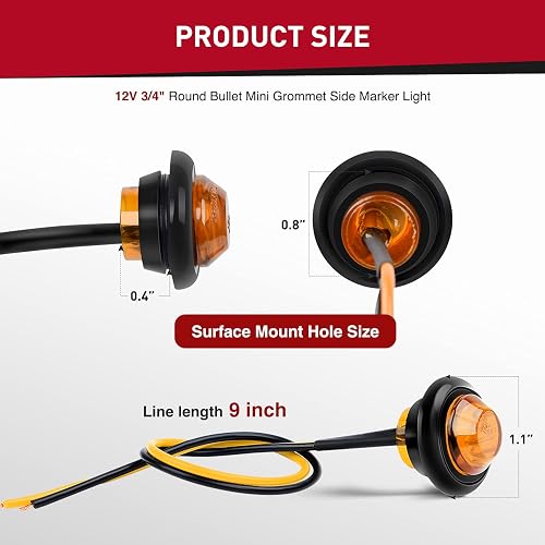 10PCS Amber LED Marker Lights - 3/4 Inch Waterproof Round Clearance Lights With 304 Stainless Base