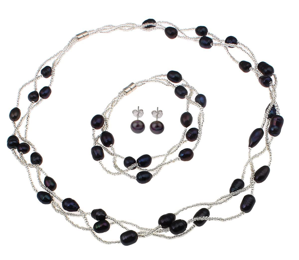 Treasure Bay Elegant Natural Freshwater Pearl Necklace Bracelet and Earrings Pearl Jewellery Set(Black)