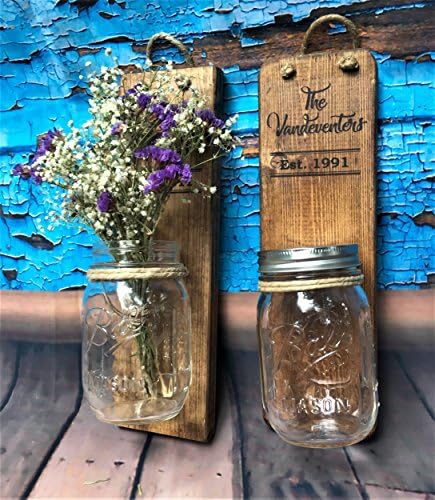 Heartful Home Decor Customized Ball Mason Jar Wood Wall Sconces - Primitive Country - Set of 2 - For Candles, Flowers, and more, Top Rustic Housewarming Engagement Anniversary Wedding Gifts