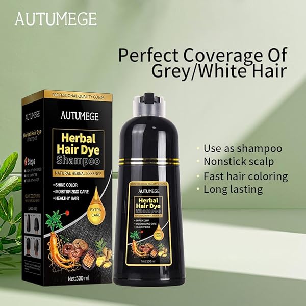 AUTUMEGE BLACK INSTANT HAIR COLOR SHAMPOO FOR GRAY HAIR – EASY HAIR DYE SHAMPOO 3 IN 1-100% GREY COVERAGE – HERBAL COLORING IN MINUTES FOR WOMEN & MEN (NATURALLY BLACK)