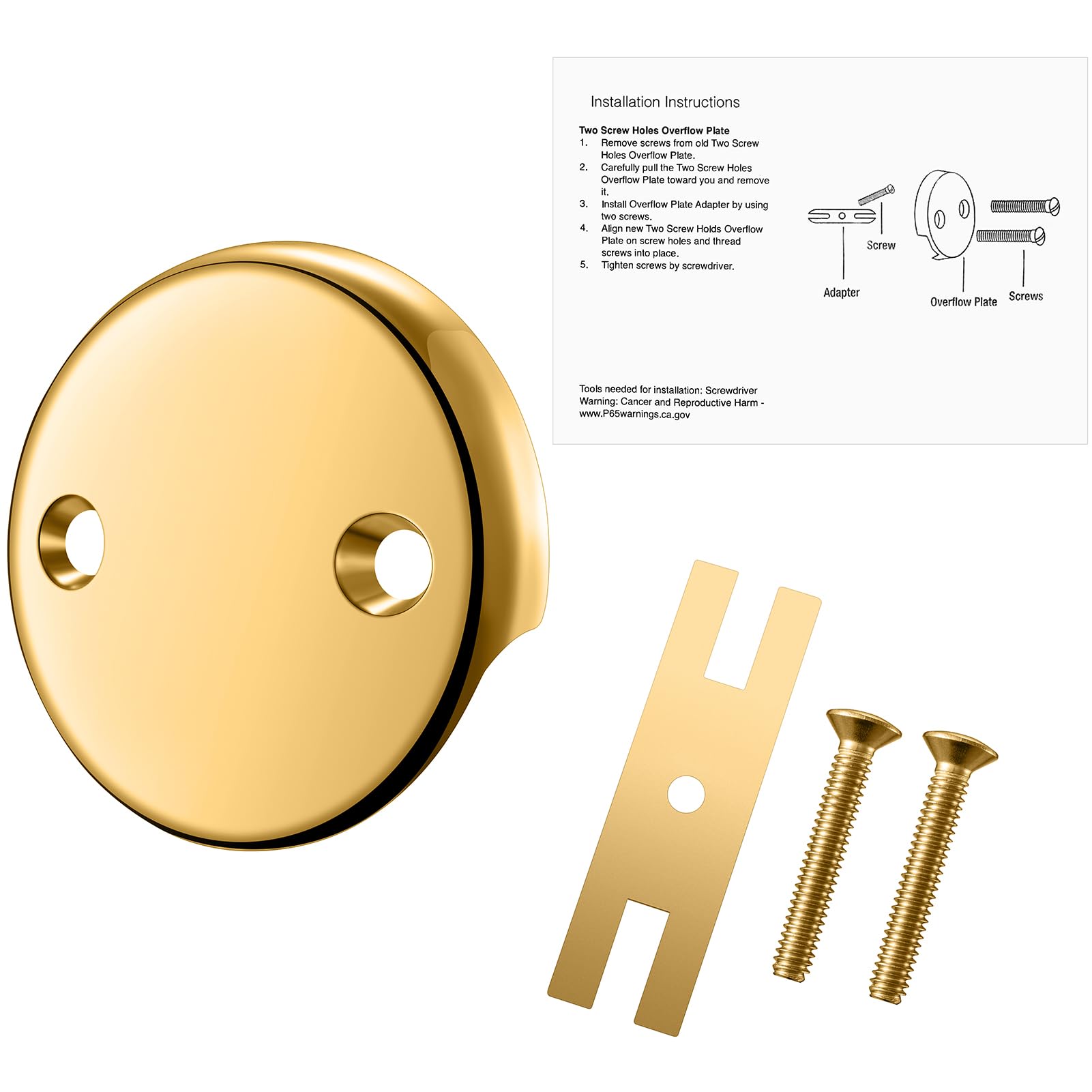 Photo 1 of 2-Hole Bathtub Overflow Cover Plate with Adapter, Brushed Nickel, Installation Hardware Included (Polished Brass)