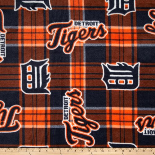 MLB Fleece Detroit Tigers Plaid Blue/Orange Fabric By The Yard