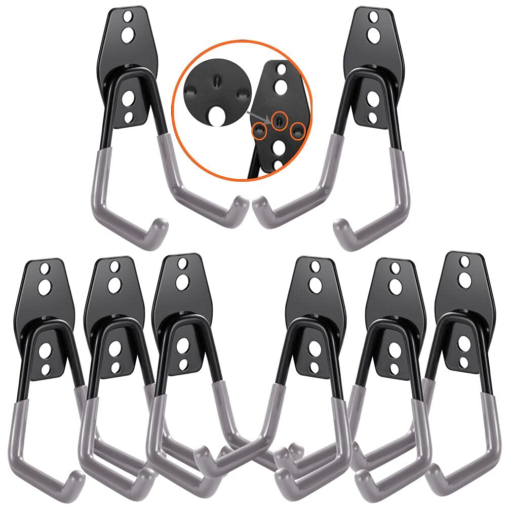 3-H Garage Hooks Heavy Duty, Tool Hangers for Garage Wall 8PC Small U, Skateboard Wall Mount,Garage Wall Hooks with 3 Welding Spot for Organizing Bike, Ladder, Bicycle, Chair, Shovel, Helmet(Grey)