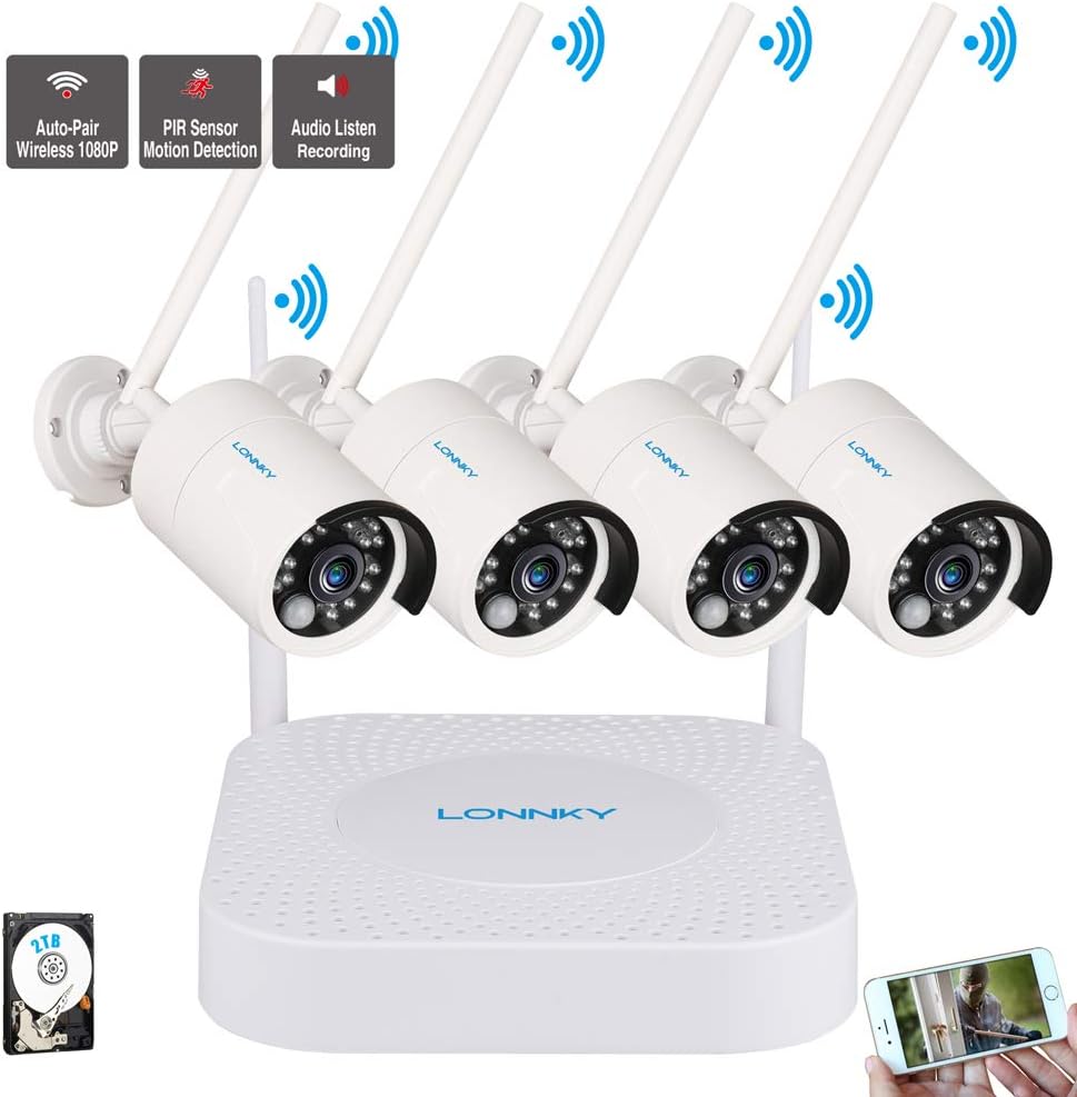 LONNKY 1080P Full HD Wireless Security Camera System,4CH NVR Recorder and 4PCS 1080P 2.0 MP Waterproof Outdoor Indoor Bullet Camera with PIR Sensor and IR Night Vision, Audio Recording,2TB Hard Drive