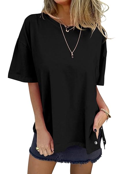 TANKANEO WOMENS SHORT SLEEVE T SHIRTS SUMMER TOPS CREW NECK SIDE SPLIT CASUAL LOOSE FIT TEE BLOUSE BLACK