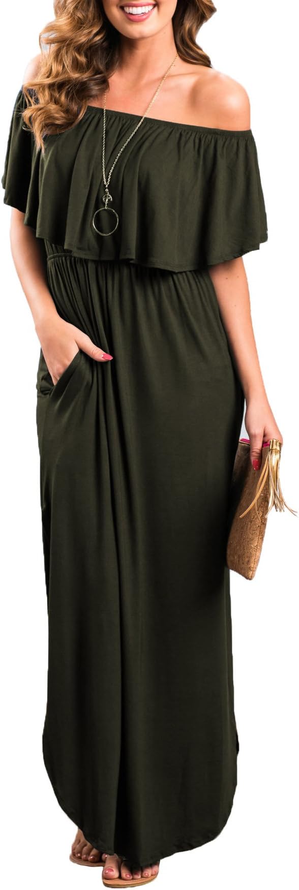Womens Off The Shoulder Ruffle Party Dress Casual Side Split Beach Long Maxi Dresses with Pockets