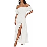 ZESICA Women's 2026 Boho Sexy Off Shoulder Short Sleeve Smocked Side Split Flowy A Line Tiered Long Maxi Dress with Pockets
