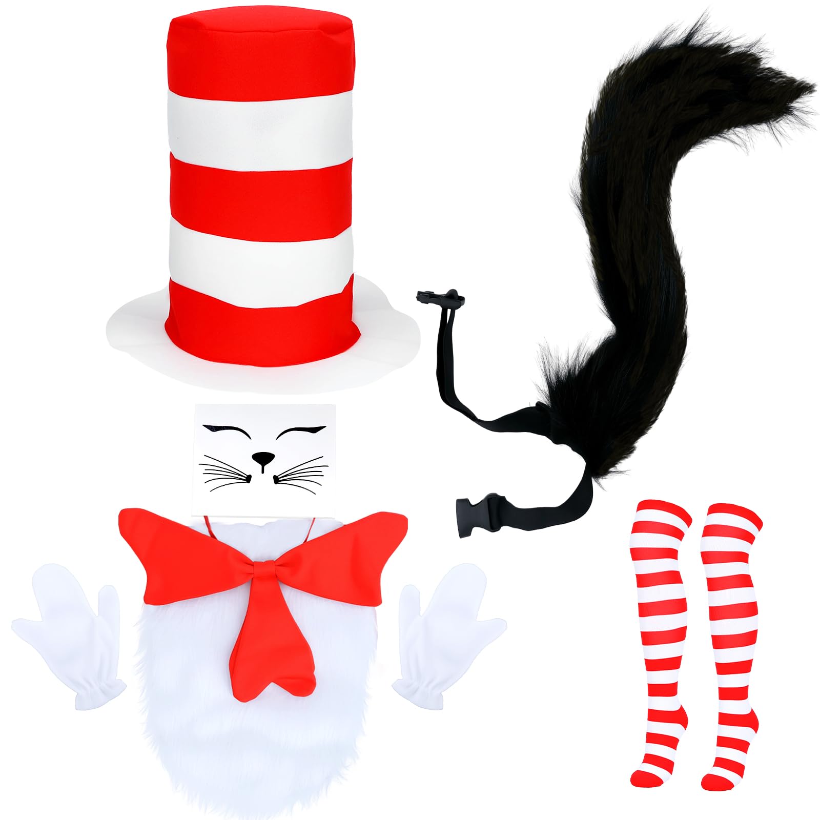Cat Costume Accessory Set, World Book Day Costumes for Kids Boys Girls 2026 - Cat Hat、Red Bow Tie、Tail and Socks for Storybook Cat Character Outfit WBD Fancy Dress Up Cosplay Party Accessories — image 1