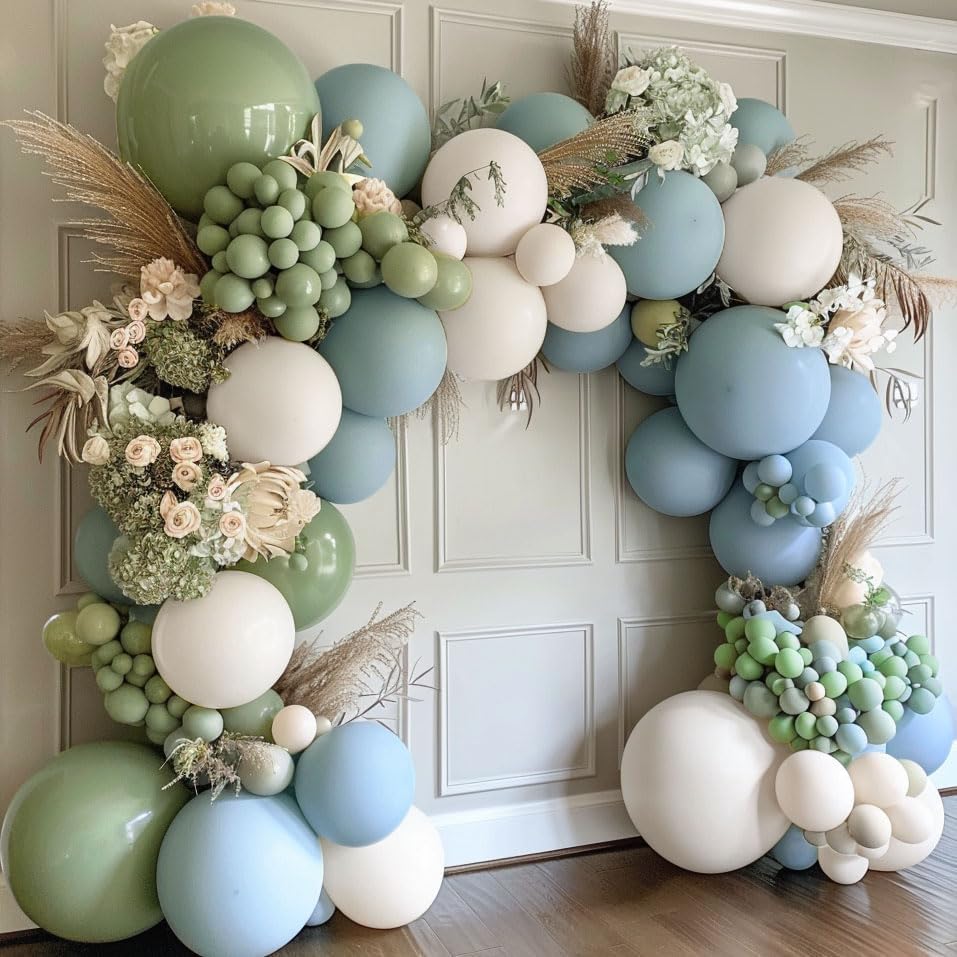 Photo 1 of Dusty Blue Green Balloon Garland Arch Kit Double Stuffed Avocado Green Balloons Thick Latex White Sand Pastel Blue Balloons Kit For Jungle Safari Neutral Birthday Baby Shower Party Deocrations
