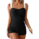 B2prity Women's Tankini Swimsuit Tummy Control Ruched Two Piece Bathing Suit Push Up Modest Swim Suits with Shorts
